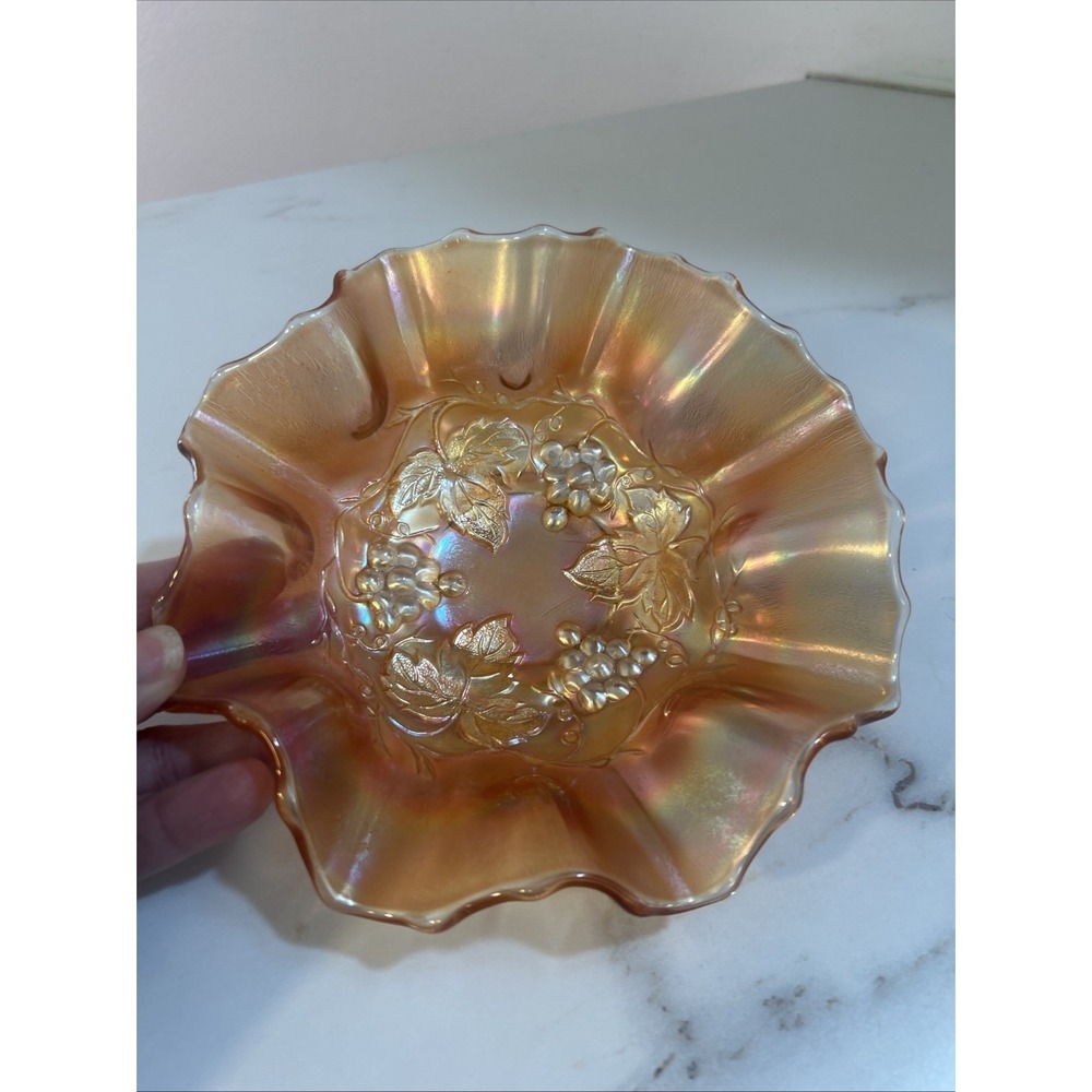 Dugan Carnival Glass Marigold Golden Grape‎ Ruffled Rim Candy Dish Bowl